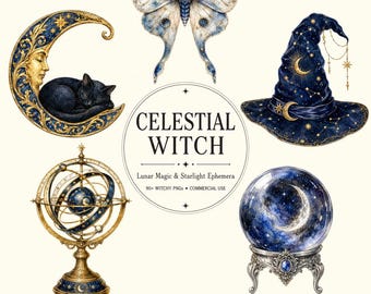 May include: A collection of celestial-themed illustrations including a moth, a crescent moon with a sleeping black cat, a pointed hat, an armillary sphere, and a crystal ball. The central text reads CELESTIAL WITCH, Lunar Magic & Starlight Ephemera.