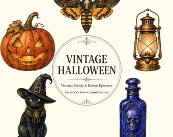 May include: A collection of Halloween-themed illustrations including a carved orange pumpkin, a moth with a skull pattern, a bronze lantern, a black cat wearing a witch hat, and a blue glass bottle with a skull, centered by text VINTAGE HALLOWEEN.
