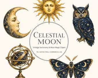 May include: A collection of celestial-themed digital illustrations featuring a golden sun with a face, a crescent moon with a face, a dark blue owl, an armillary sphere, and a moth, all with gold star accents and the text CELESTIAL MOON.