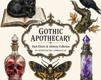 May include: A digital illustration set titled GOTHIC APOTHECARY Dark Elixirs & Alchemy Collection featuring a black cat on an open book, a raven on a branch, a skull-shaped red potion bottle, a moth with a skull pattern, and a purple potion bottle.