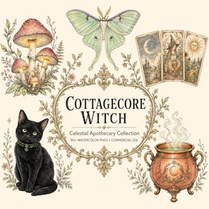 May include: A digital illustration set featuring a black cat, a green moth, mushrooms, tarot cards, and a copper cauldron with steam. The central text reads COTTAGECORE WITCH Celestial Apothecary Collection 90+ WATERCOLOR PNGs COMMERCIAL USE.