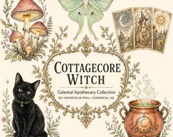 May include: A digital illustration set featuring a black cat, a green moth, mushrooms, tarot cards, and a copper cauldron with steam. The central text reads COTTAGECORE WITCH Celestial Apothecary Collection 90+ WATERCOLOR PNGs COMMERCIAL USE.