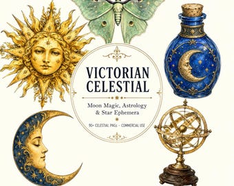 May include: A collection of celestial illustrations featuring a golden sun face, a green moth, a blue potion bottle with a crescent moon, a crescent moon face, and a gold armillary sphere, with text reading VICTORIAN CELESTIAL Moon Magic, Astrology & Star Ephemera.