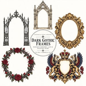 May include: A collection of decorative frames including a black wrought iron arch, a stone gothic arch, an ornate gold oval frame, a circular wreath of red roses and thorny vines, and a heraldic crest with two griffins and a crown.