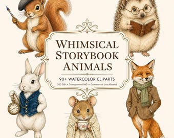 Op de afbeelding: Een verzameling aquarelillustraties met een eekhoorn met een penseel, een egel die een boek leest, een konijn met een zakhorloge, een muis met een theekopje en een vos in een jas, met de tekst WHIMSICAL STORYBOOK ANIMALS.