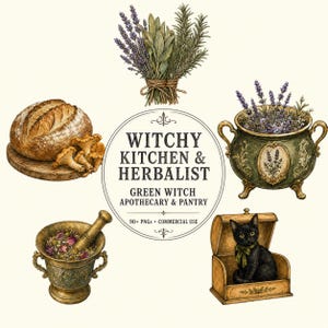 Puede incluir: Un conjunto de ilustraciones digitales que incluye una hogaza de pan con setas, un manojo de hierbas, una maceta verde decorativa con lavanda, un mortero con flores secas y un gato negro en una caja de madera, con el texto WITCHY KITCHEN & HERBALIST.