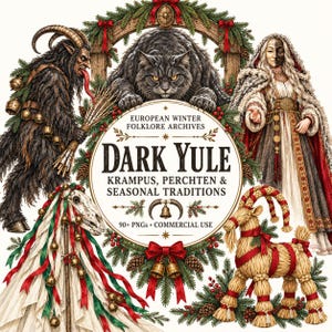 Puede incluir: Una ilustración digital que muestra a Krampus, un gato grande, una figura con capa, un cráneo de caballo y una cabra de paja. El texto central dice: EUROPEAN WINTER FOLKLORE ARCHIVES, DARK YULE, KRAMPUS, PERCHTEN & SEASONAL TRADITIONS, 90+ PNGS • COMMERCIAL USE.