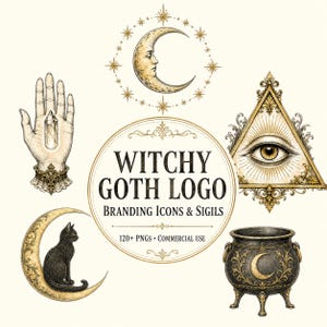 May include: A collection of digital illustrations featuring a crescent moon with a face, an open palm holding a crystal, an all-seeing eye in a triangle, a black cat on a crescent moon, and a cauldron, with text reading WITCHY GOTH LOGO.