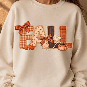 Fall Coquette PNG, Quilted Fabric Lettering Clipart with Gingham, Plaid, Pumpkins and Leaves, Rustic Autumn Sublimation Digital Download