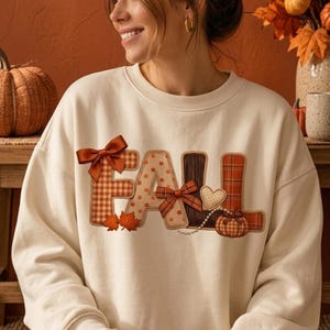 Herfst Coquette PNG, gewatteerde stof met letters, clipart met ruitjespatroon, pompoenen en bladeren, rustieke herfst sublimatie digitale download