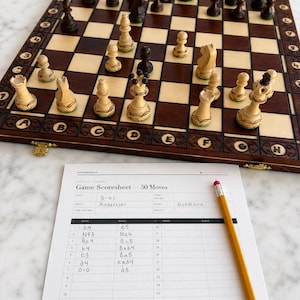 May include: A wooden chessboard with carved light and dark pieces in a mid-game position, accompanied by a printed game scoresheet with handwritten moves and a yellow pencil. The board features lettered and numbered borders and metal latches.
