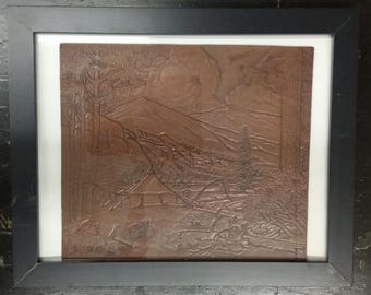 Vintage Handcarved Tooled Leather Pictorial Carving Unique Wall Art