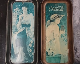Set of 2 Vintage 1970s Coca-Cola Girls 19" Tin Rectangular Serving Bar Trays