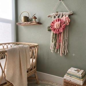 Small Macrame Wall Hanging with Wool Flowers - Driftwood from Tuscany - Handmade Boho Wall - Nursery Decor - Fiber Art - Floral Wall Hanging