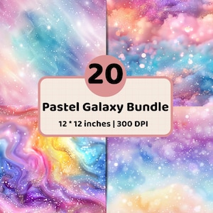 May include: A digital collection of 20 pastel galaxy backgrounds featuring swirling clouds of pink, blue, purple, and yellow with sparkling white star effects. The text reads 20 Pastel Galaxy Bundle 12 * 12 inches | 300 DPI on a grid background.