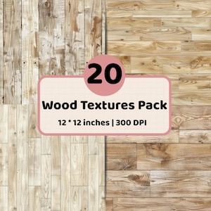 Può includere: Una collezione digitale di 20 texture in legno con vari motivi a venature marrone chiaro e medio. Un'etichetta rosa centrale mostra il testo 20 Wood Textures Pack 12 * 12 inches | 300 DPI, indicando le dimensioni e la risoluzione.