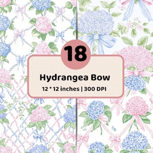 May include: A digital collection of 18 Hydrangea Bow patterns featuring blue and pink hydrangea flowers, green leaves, and ribbons on a white background. The text reads 18 Hydrangea Bow 12 * 12 inches | 300 DPI on a light pink rectangular label.