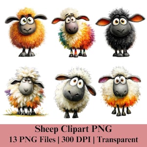 May include: A collection of six cartoon sheep illustrations featuring various wool colors including orange, rainbow, black, and white. Each sheep has large expressive eyes, dark grey faces, and textured wool. The text reads Sheep Clipart PNG 13 PNG Files 300 DPI Transparent.