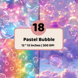 Pode incluir: Uma coleção digital de 18 fundos de bolhas em tons pastel, cada um medindo 30,48 por 30,48 cm a 300 DPI. As imagens apresentam esferas translúcidas e iridescentes flutuando sobre gradientes coloridos, brilhos estelares e nuvens suaves.
