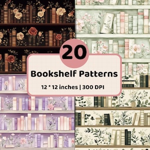 Puede incluir: Una colección digital de 20 patrones de estanterías con diversas disposiciones de libros y acentos florales en múltiples paletas de colores. Cada patrón mide 12 por 12 pulgadas con una resolución de 300 DPI, según indica el texto central.