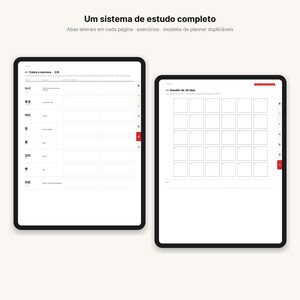 May include: Two digital tablet screens displaying a study system with the text Um sistema de estudo completo, Abas laterais em cada p&aacute;gina, exerc&iacute;cios, modelos de planner duplic&aacute;veis, Cubra e escreva, and Desafio de 30 dias in black and red.
