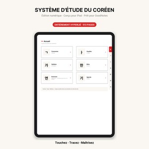 May include: A digital Korean study system for iPad displayed on a tablet screen. The interface features a home menu with sections for consonants, vowels, syllables, words, exercises, and an agenda. The text reads SYST&Egrave;ME D'&Eacute;TUDE DU COR&Eacute;EN.