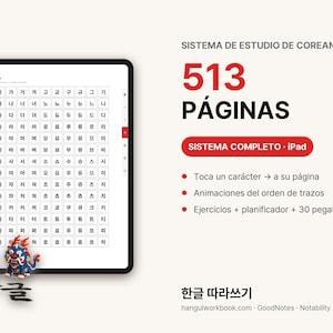 Può includere: Un tablet digitale che mostra una tabella di sillabe coreane, accompagnato da una piccola statuetta in abiti rossi tradizionali che tiene un pennello e una piccola creatura blu. Il testo include 513 PÁGINAS, SISTEMA COMPLETO e 한글 따라쓰기.