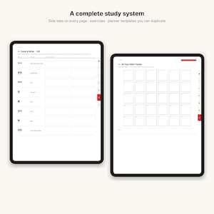 May include: Two digital tablets displaying a study system with side tabs. The left screen shows a vocabulary list titled Cover & Write, while the right screen displays a 30-Day Habit Tracker grid. Both screens feature white backgrounds with black text.