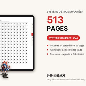 May include: A digital Korean study system displayed on a tablet screen showing a grid of Hangul syllables. Beside the tablet, text reads 513 PAGES and SYST&Egrave;ME COMPLET. A small figurine of a person in traditional attire and a mythical creature are present.