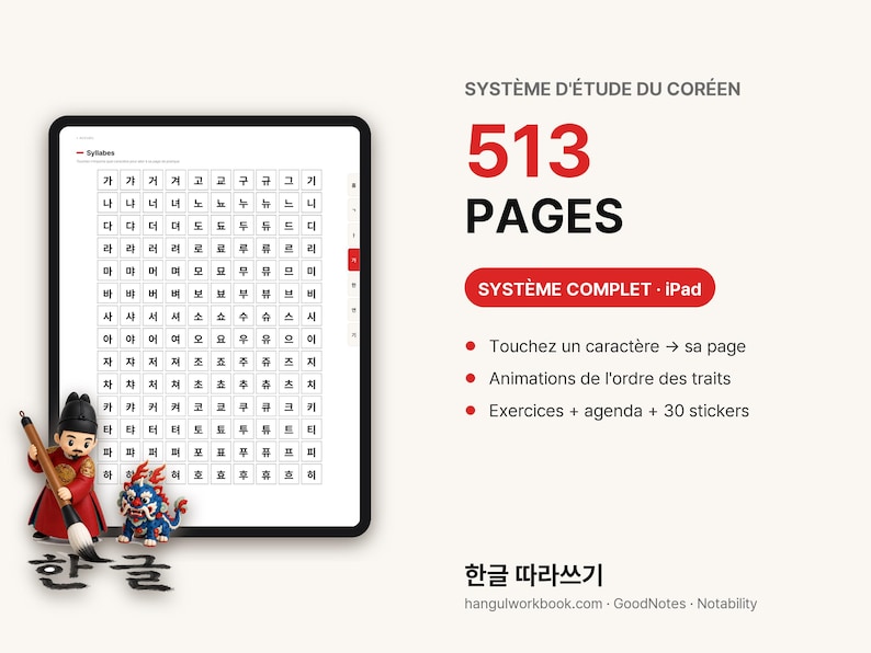 May include: A digital Korean study system displayed on a tablet screen showing a grid of Hangul syllables. Beside the tablet, text reads 513 PAGES and SYST&Egrave;ME COMPLET. A small figurine of a person in traditional attire and a mythical creature are present.