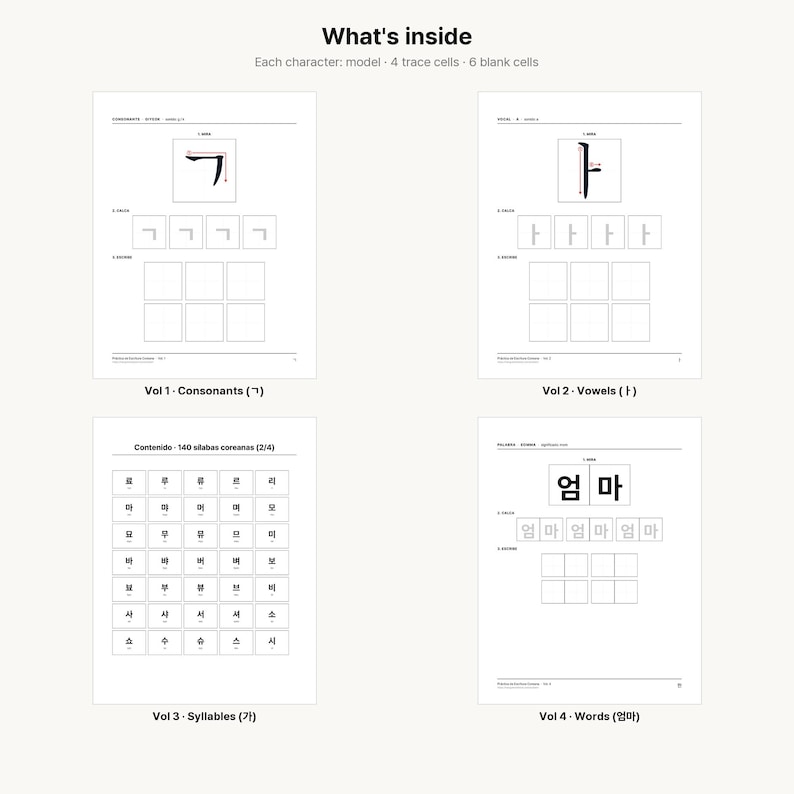 May include: A four-page educational workbook set for learning Korean characters. Each page features black text on a white background, including sections for consonants, vowels, syllables, and words with trace cells and blank practice grids.