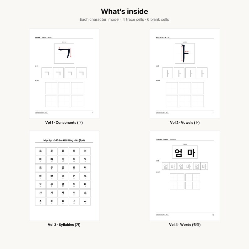 May include: A four-part educational worksheet set for learning Korean characters. Each page features a model character, four trace cells, and six blank practice cells. The set includes sections for consonants, vowels, syllables, and words.