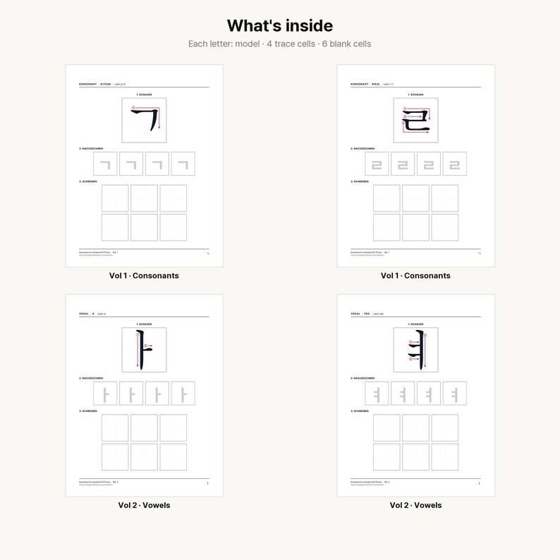 May include: A white educational worksheet titled What's inside featuring four sections for Korean characters. Each section displays a model letter, four grey trace cells, and six blank squares for practice, labelled as Vol 1 Consonants and Vol 2 Vowels.