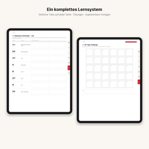 May include: Two digital tablet screens displaying a learning system with white backgrounds, black text, and red accents. The left screen shows a vocabulary table titled Abdecken & Schreiben, while the right screen features a 30-Tage-Challenge grid.