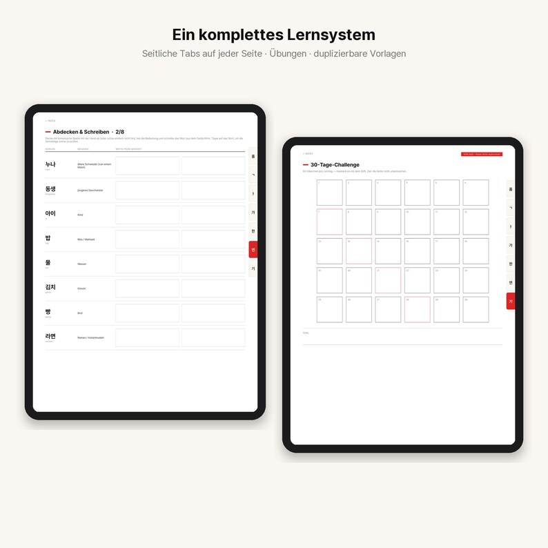 May include: Two digital tablet screens displaying a learning system with white backgrounds, black text, and red accents. The left screen shows a vocabulary table titled Abdecken & Schreiben, while the right screen features a 30-Tage-Challenge grid.