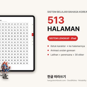 Op de afbeelding: Een digitale tablet met een raster voor het leren van de Koreaanse taal met Hangul-tekens. Daarnaast staat de tekst SISTEM BELAJAR BAHASA KOREA, 513 HALAMAN en SISTEM LENGKAP, inclusief opsommingstekens over animaties en oefeningen.