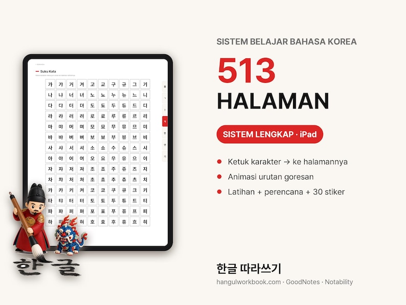 Op de afbeelding: Een digitale tablet met een raster voor het leren van de Koreaanse taal met Hangul-tekens. Daarnaast staat de tekst SISTEM BELAJAR BAHASA KOREA, 513 HALAMAN en SISTEM LENGKAP, inclusief opsommingstekens over animaties en oefeningen.