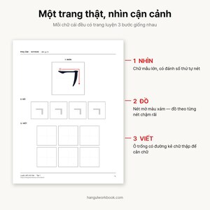 Op de afbeelding: Een wit educatief werkblad voor het leren van het Koreaanse Hangul-karakter Giyeok. De pagina bevat een groot voorbeeldkarakter met streekvolgorde, vier grijze overtrekvakjes en zes lege rastervierkanten om te oefenen, voorzien van tekst.