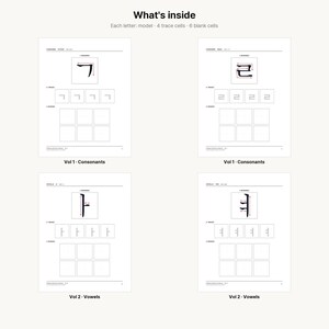 Puede incluir: Una hoja de trabajo educativa blanca titulada What's inside con cuatro secciones que muestran caracteres coreanos Hangul. Cada secci&oacute;n incluye un car&aacute;cter modelo, cuatro celdas de calco y seis celdas en blanco para practicar, etiquetadas como Vol 1 Consonants o Vol 2 Vowels.