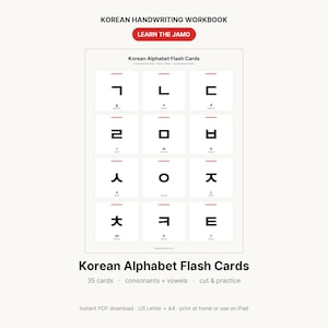 May include: A Korean handwriting workbook and flash card set featuring black Korean consonants on white square cards. The text includes KOREAN HANDWRITING WORKBOOK, LEARN THE JAMO, Korean Alphabet Flash Cards, and 35 cards, consonants + vowels, cut & practice.