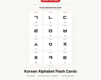 Karty do nauki alfabetu koreańskiego do druku | Spółgłoski i samogłoski Hangul w formacie PDF | Naucz się koreańskiego Jamo | Karty do wycinania US Letter + A4