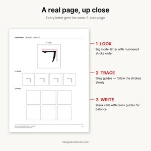 May include: A white educational worksheet page titled A real page, up close, featuring a 3-step Korean handwriting practice layout. It includes a large model letter Giyeok with numbered stroke order, gray tracing guides, and blank cells with cross guides.