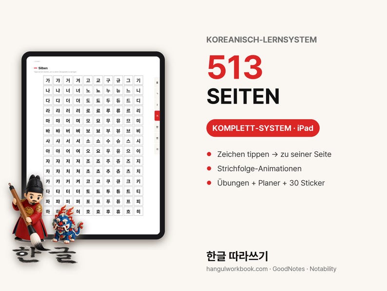 May include: A digital Korean learning system for iPad featuring a 513-page workbook with a Hangul syllable chart, stroke order animations, exercises, a planner, and 30 stickers. Includes a small figurine of a person in traditional attire and a creature.