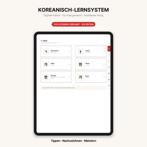 May include: A digital Korean learning system displayed on a tablet screen. The interface features a menu with sections for consonants, vowels, syllables, words, exercises, and a planner. The text includes KOREANISCH-LERNSYSTEM and 513 SEITEN.