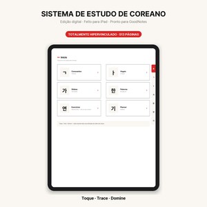 May include: A digital Korean study system displayed on a tablet screen. The interface features a main menu with sections for consonants, vowels, syllables, words, exercises, and a planner. The text includes 'SISTEMA DE ESTUDO DE COREANO'.