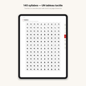 May include: A digital tablet screen displaying a grid of Korean Hangul syllables arranged in rows and columns. The top text reads 140 syllabes &mdash; UN tableau tactile. A vertical navigation bar on the right side features a highlighted red square.