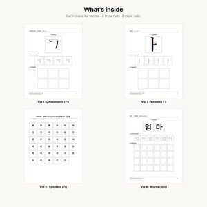 May include: A four-part educational workbook set for learning Korean characters. The pages feature black text on white paper, including sections for consonants, vowels, syllables, and words with trace cells and blank grids for writing practice.
