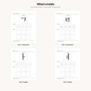 May include: A four-page educational worksheet set titled What's inside, featuring Korean Hangul characters. Each page displays a model character, four light grey trace cells, and six blank practice squares, labelled as Vol 1 Consonants or Vol 2 Vowels.