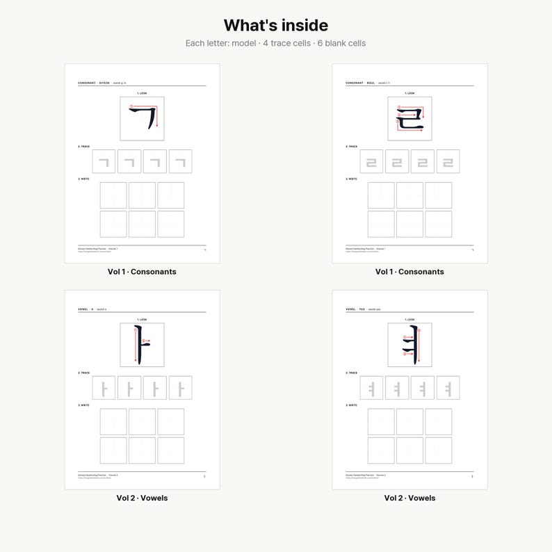 Op de afbeelding: Een set van vier werkbladen voor handschriftoefeningen met de titel What's inside. Elke pagina bevat een Koreaans karaktermodel, vier overtrekcellen en zes lege schrijfcellen. De pagina's zijn gelabeld als Vol 1 Consonants en Vol 2 Vowels.
