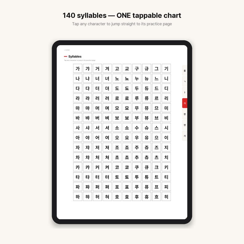 May include: A digital tablet displaying a 140-syllable Korean Hangul chart with a grid of black characters on a white background. The top text reads 140 syllables &mdash; ONE tappable chart. A vertical navigation bar is visible on the right side.